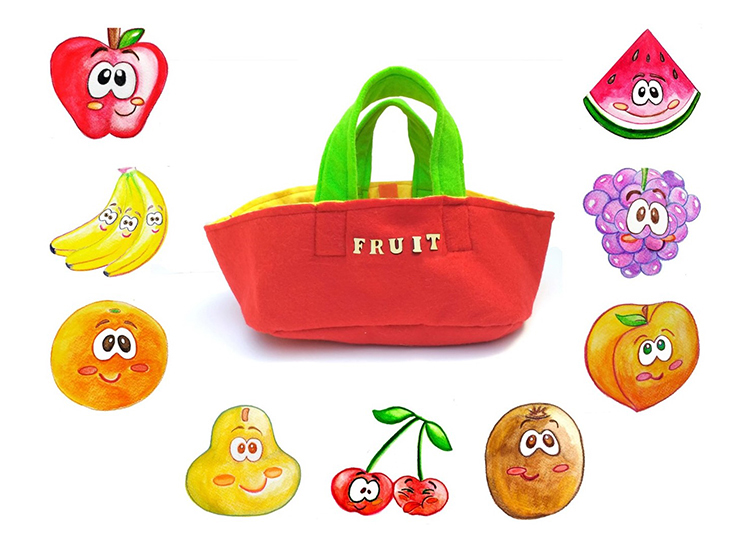 Fruit, canasta con frutas ilustradas tipo cascabeles.